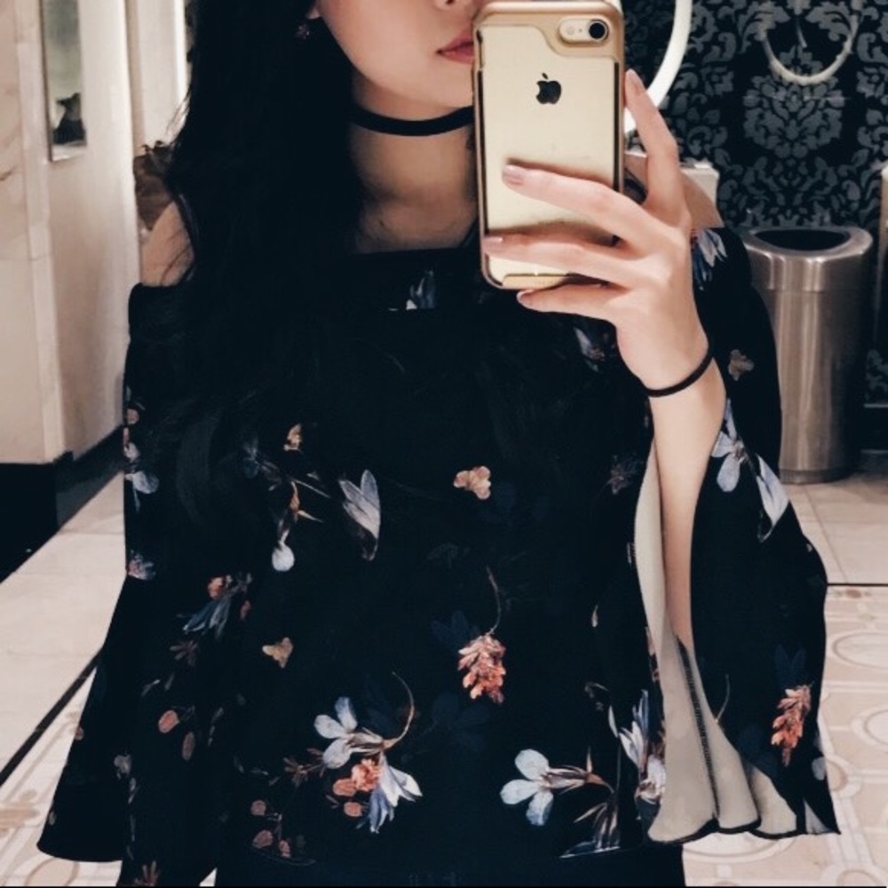 Black floral off-should blouse